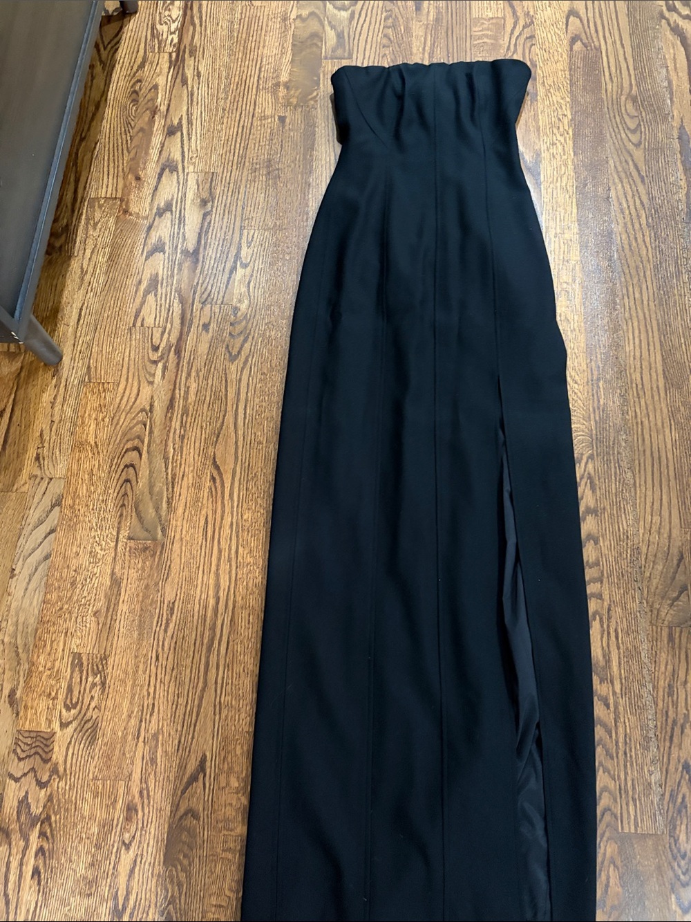 Elizabeth and James Strapless Black Column Gown with Side Slit